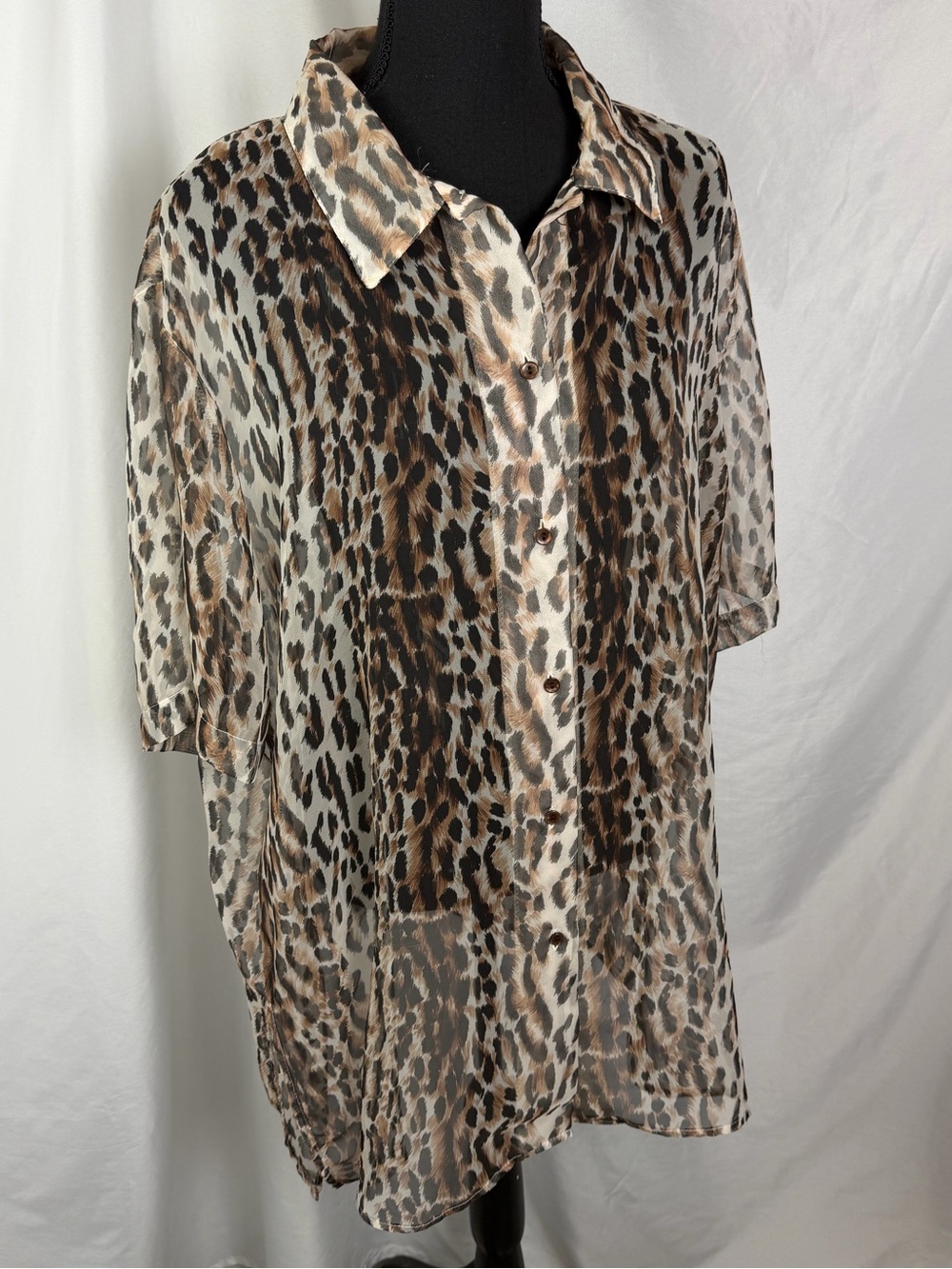 Vintage Notations Sheer Leopard Print Button Up Blouse Oversized Glam XL-2X - Picture 2 of 10